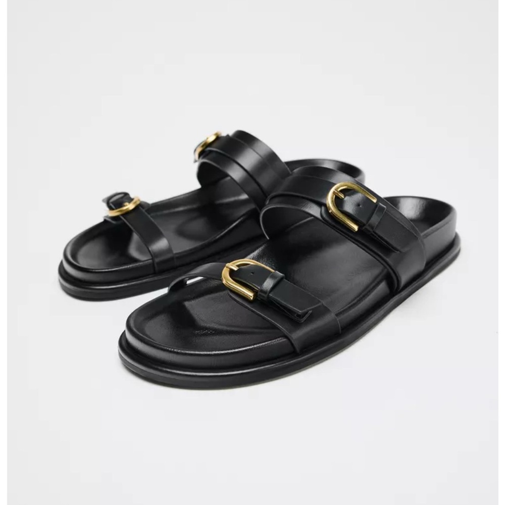 Zara Black buckle Sandals with Gold Buckles